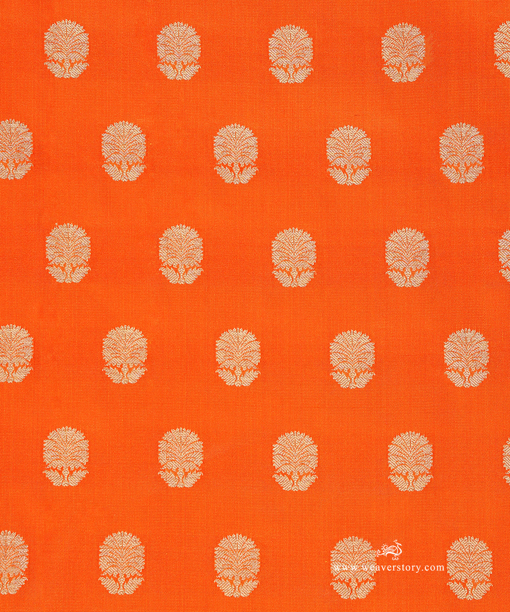 Orange_Handloom_Pure_Satin_Silk_Banarasi_Fabric_With_Cutwork_Booti_WeaverStory_03