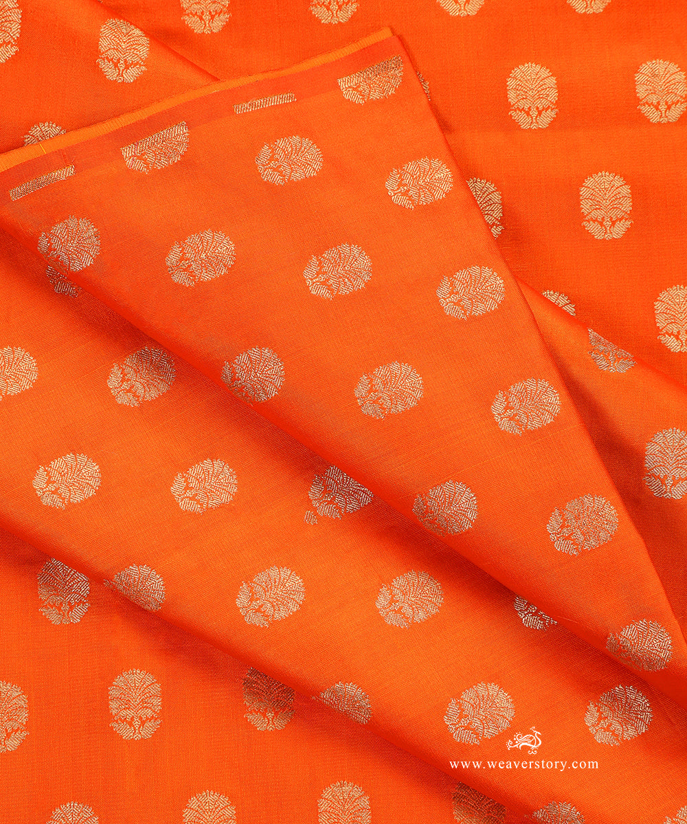 Orange_Handloom_Pure_Satin_Silk_Banarasi_Fabric_With_Cutwork_Booti_WeaverStory_04