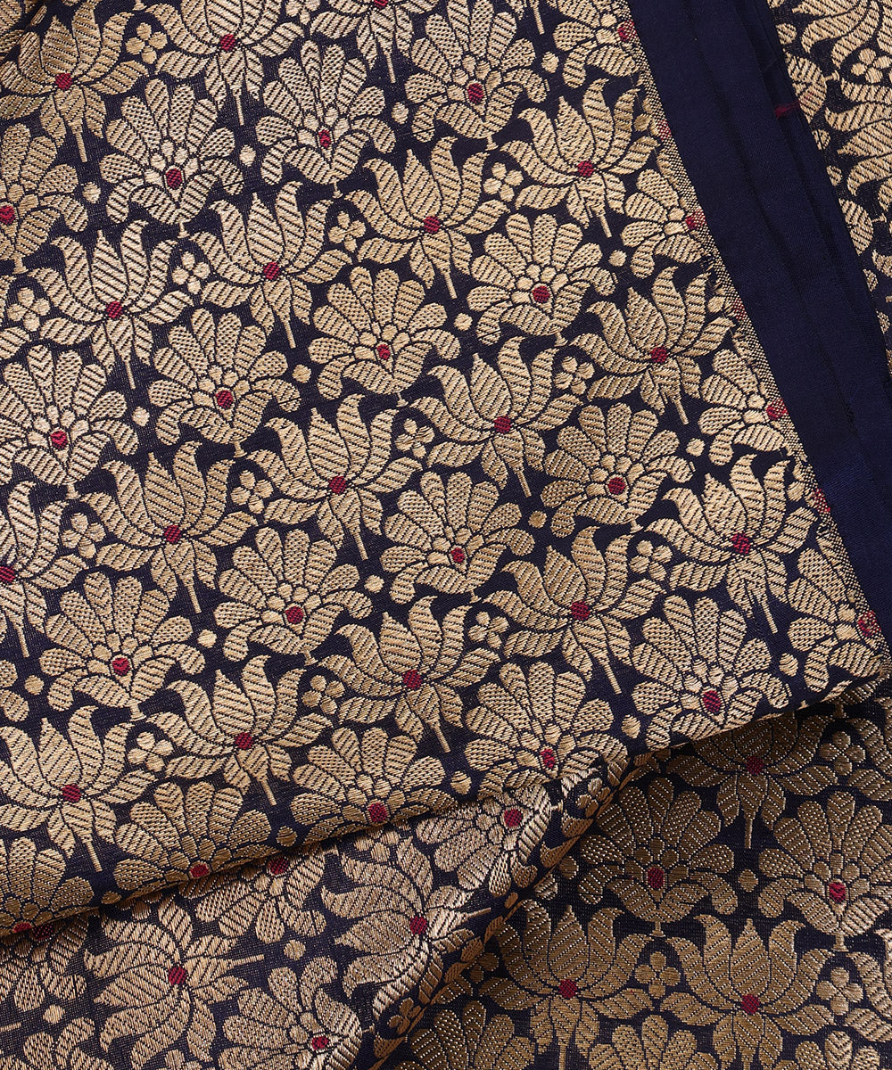 Ink_Blue_Handloom_Pure_Katan_Silk_Kimkhab_Banarasi_Fabric_With_Lotus_Flowers_And_Meenakari_WeaverStory_04