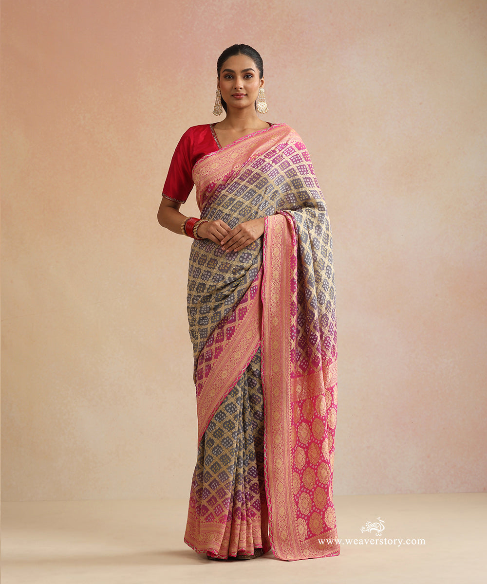 Pink_And_Grey_Handloom_Pure_Georgette_Bandhani_Saree_With_Zari_Checks_And_Extender_Border_WeaverStory_01