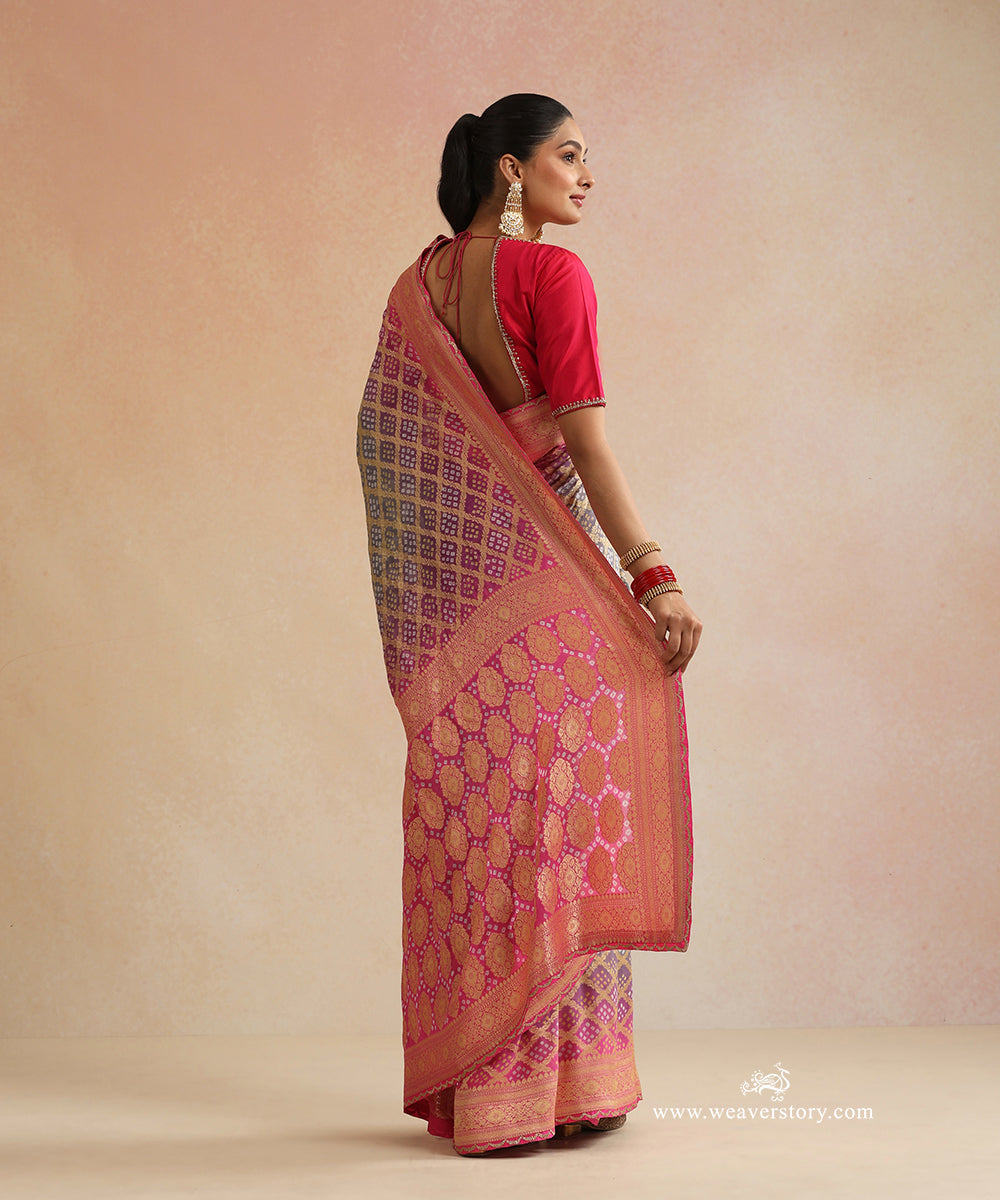 Pink_And_Grey_Handloom_Pure_Georgette_Bandhani_Saree_With_Zari_Checks_And_Extender_Border_WeaverStory_03