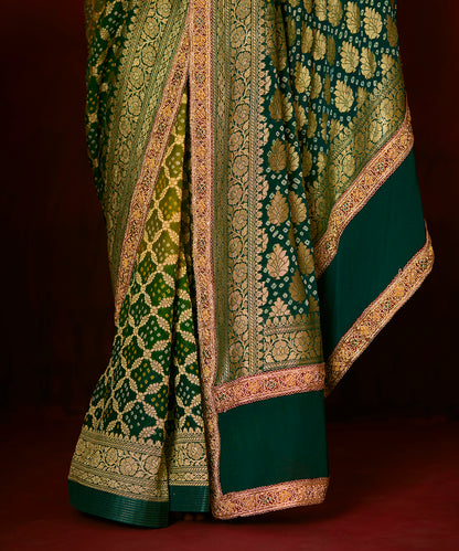 Bottle Green Handloom Pure Georgette Banarasi Bandhej Saree With Hand Embroidery