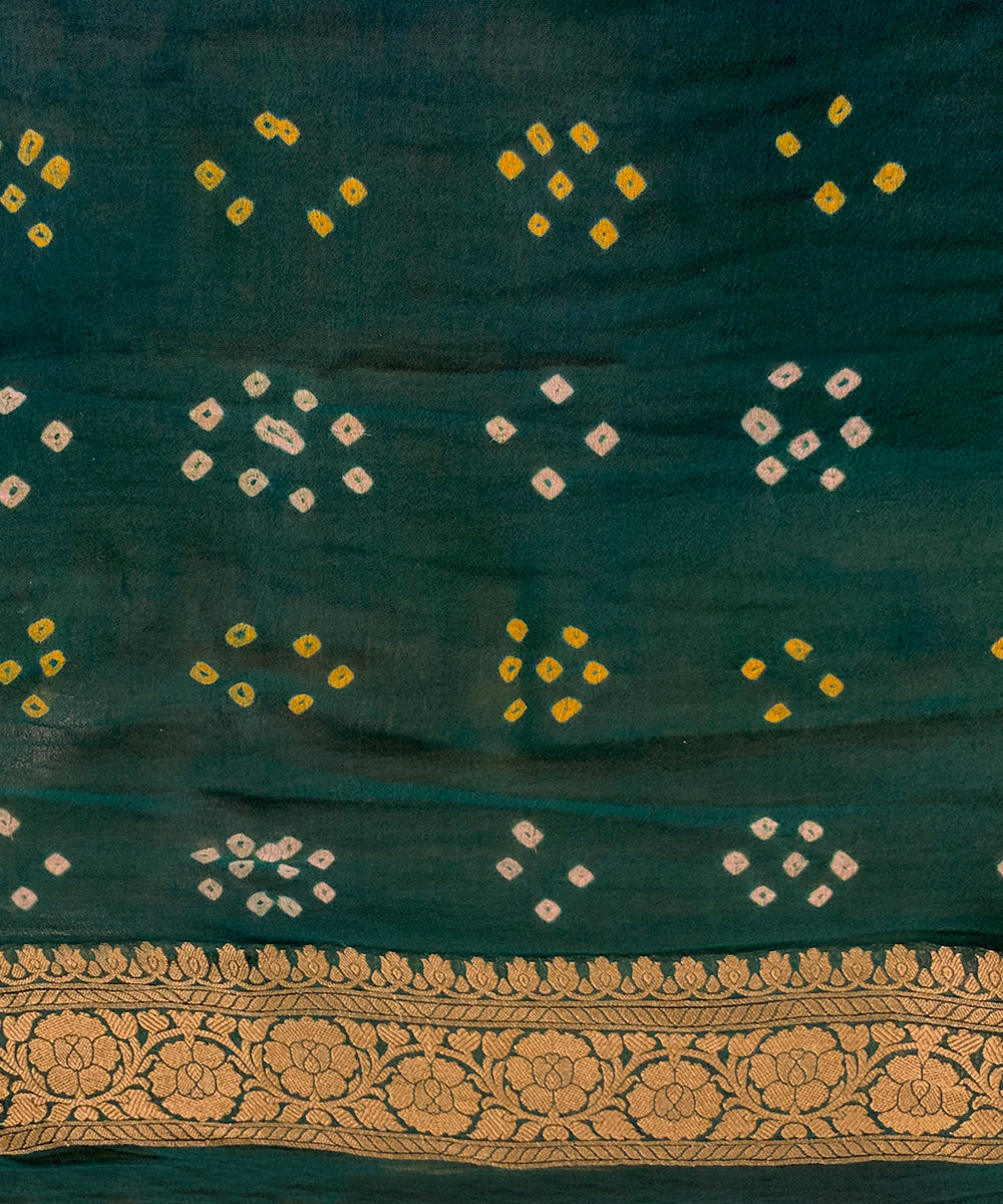 Bottle Green Handloom Pure Georgette Banarasi Bandhej Saree With Hand Embroidery