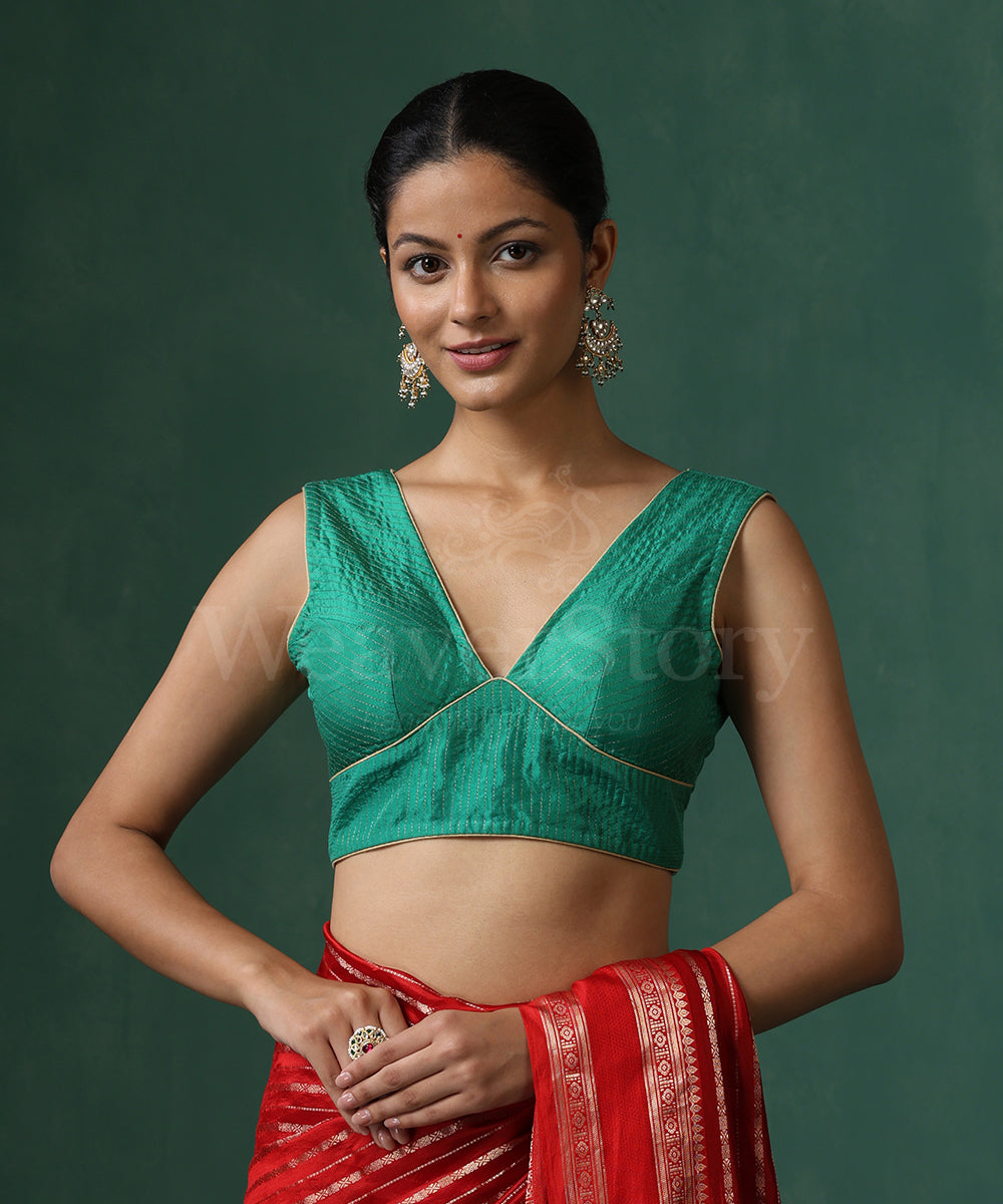 Green_Pure_Silk_Blouse_With_Zari_Jaal_WeaverStory_02