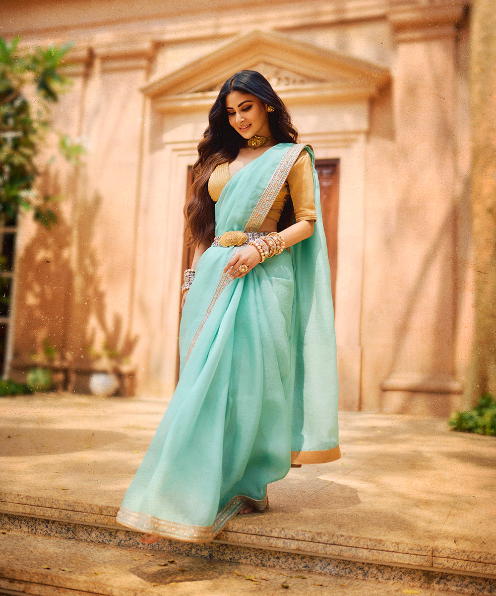 Aqua Blue Hand Embroidered Organza Saree with Zardozi Borders