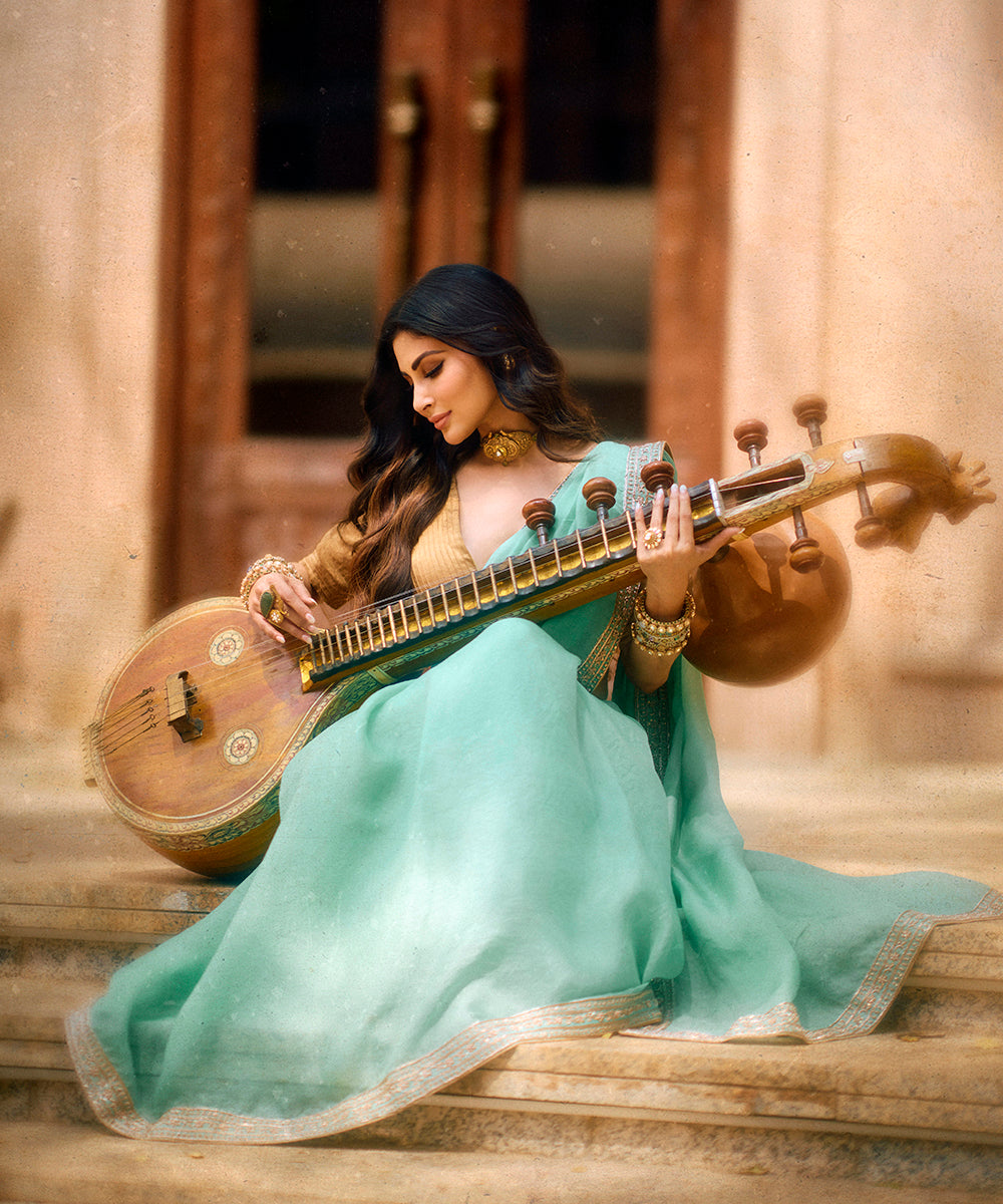 Aqua Blue Hand Embroidered Organza Saree with Zardozi Borders