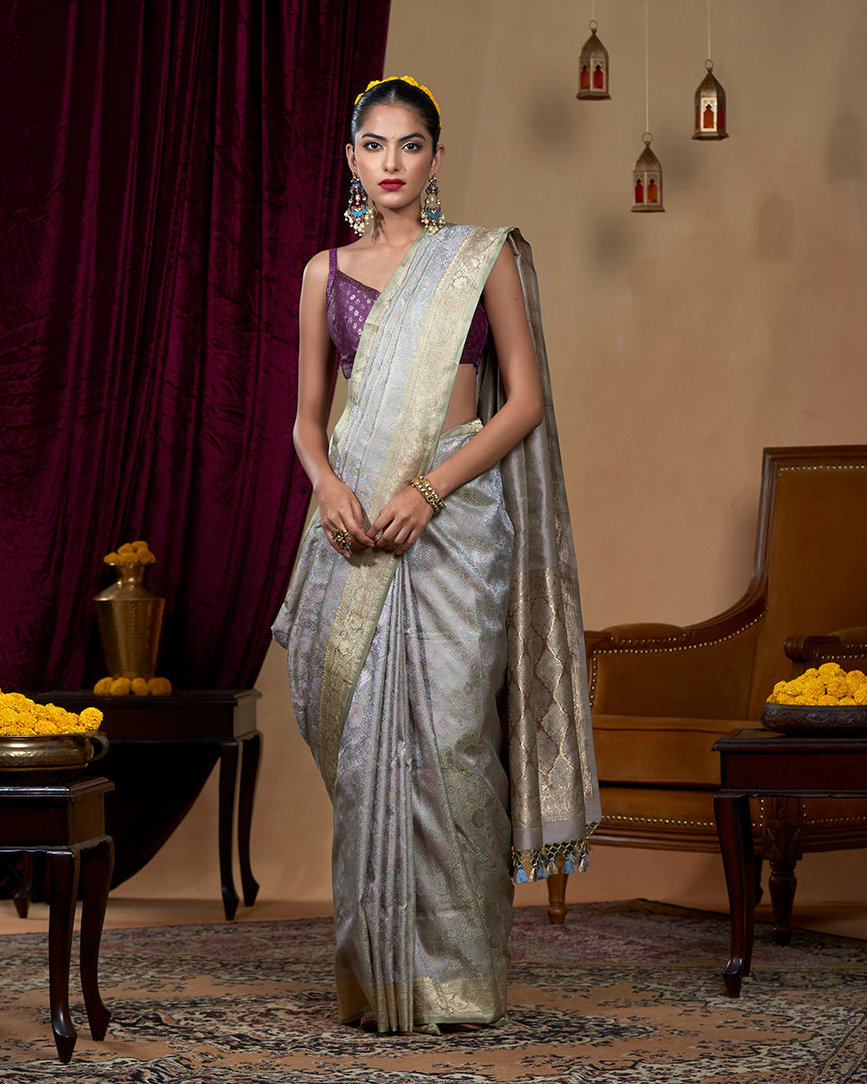 Handloom Beige Green Reshmi Jamawar Tanchoi Banarasi Saree in  Pure Katan Silk