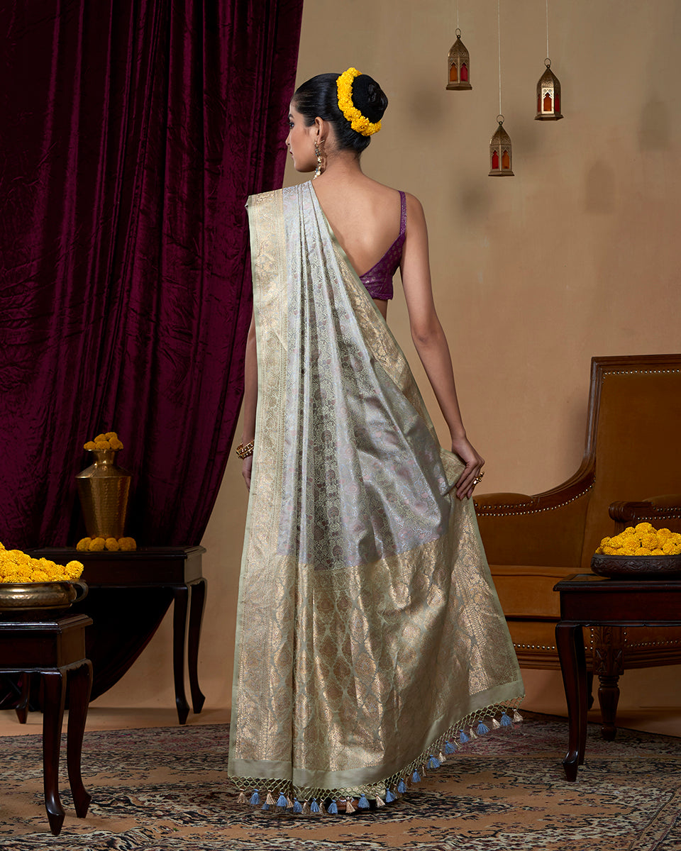 Handloom Beige Green Reshmi Jamawar Tanchoi Banarasi Saree in  Pure Katan Silk