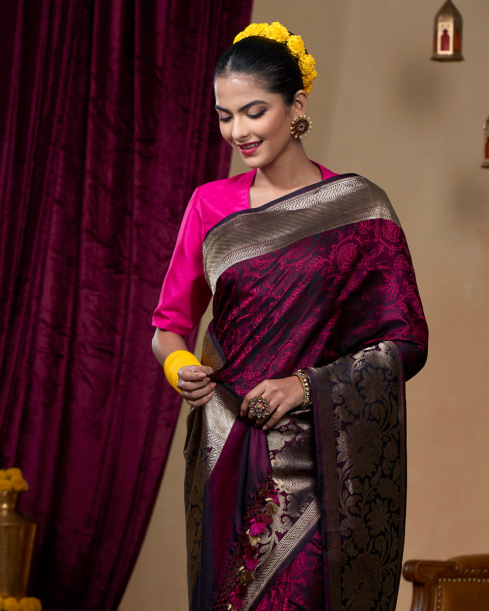 Handloom Black And Pink Pure Katan Silk  Tanchoi Banarasi Saree With Tanzeb Border