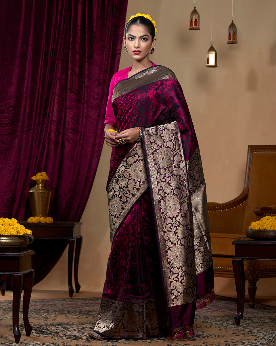 Handloom Black And Pink Pure Katan Silk  Tanchoi Banarasi Saree With Tanzeb Border
