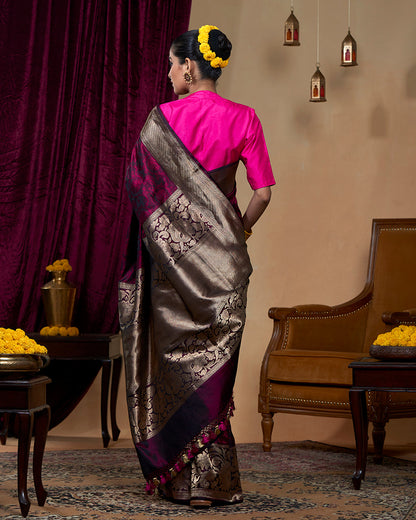 Handloom Black And Pink Pure Katan Silk Tanchoi Banarasi Saree With Tanzeb Border