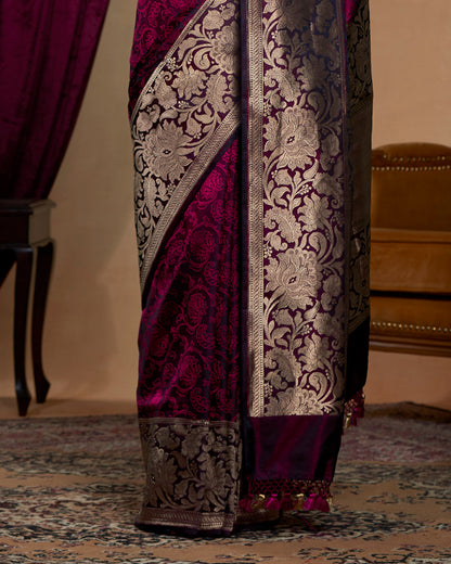 Handloom Black And Pink Pure Katan Silk Tanchoi Banarasi Saree With Tanzeb Border