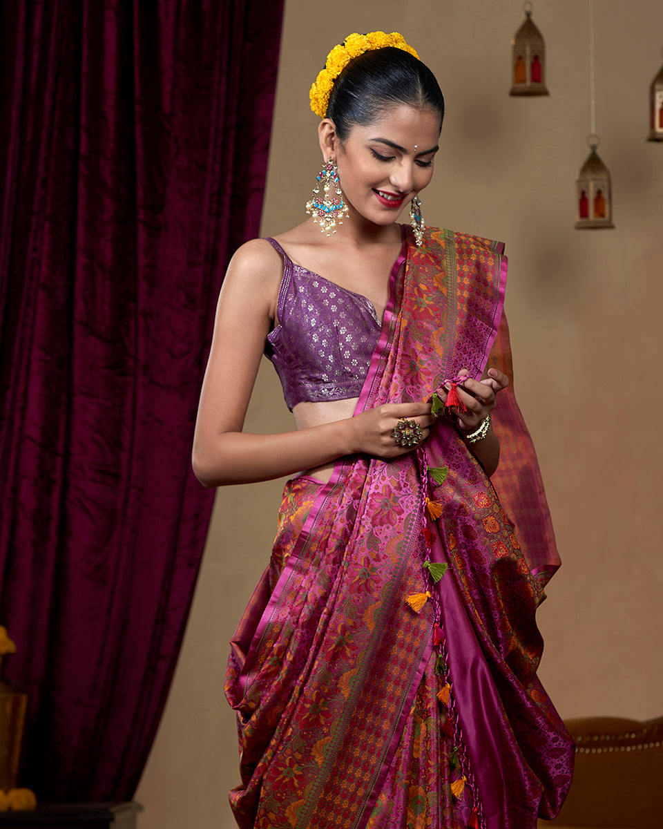 Handloom Pink Rose Flower Motifs Reshmi Tanchoi Pure Katan Silk Banarasi Saree