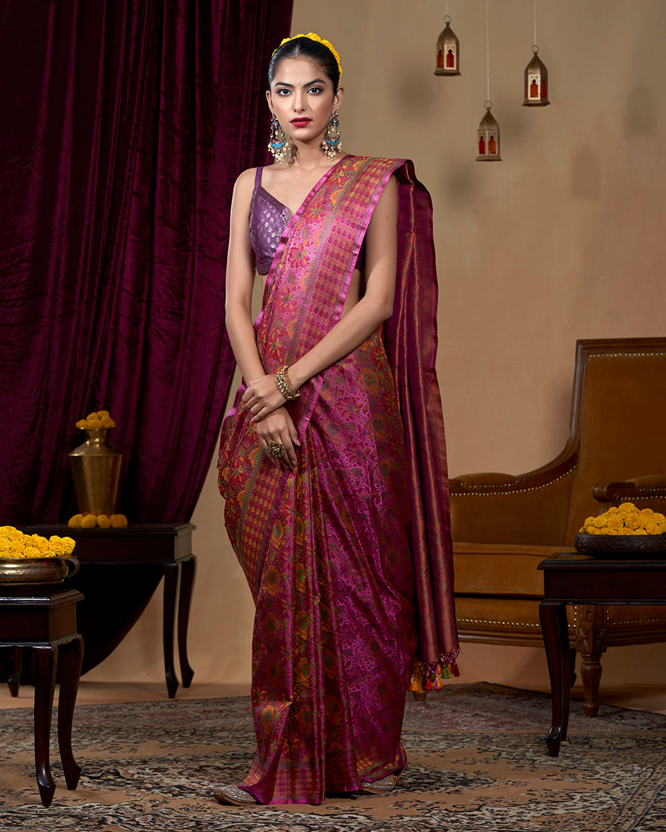 Handloom Pink Rose Flower Motifs Reshmi Tanchoi Pure Katan Silk Banarasi Saree