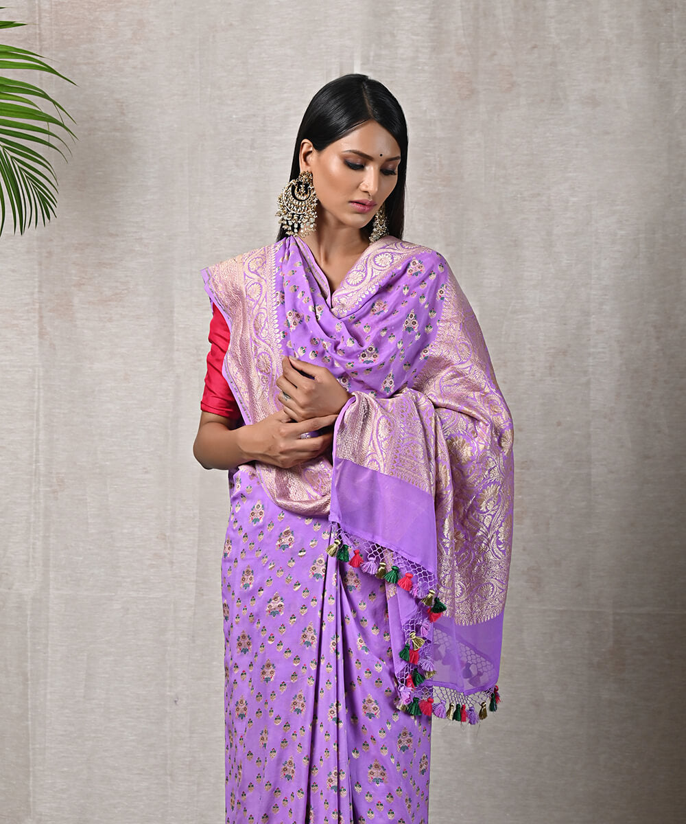 Handloom Purple Banarasi Georgette Woven Saree With Meenakari Work