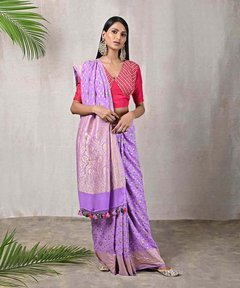 Handloom Purple Banarasi Georgette Woven Saree with Meenakari Work