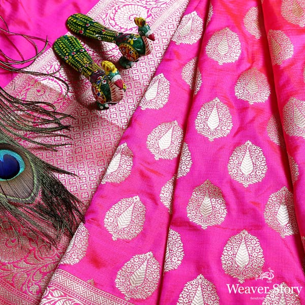 Pink_katan_silk_dupatta_with_leaf_motifs_and_floral_border_WeaverStory_01