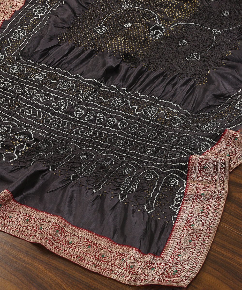 Slate Grey Handloom Pure Georgette Banarasi Bandhani Dupatta With Border