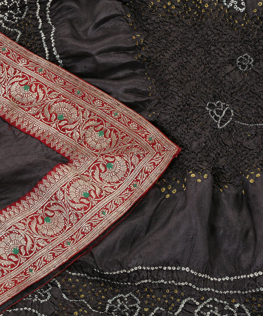 Slate Grey Handloom Pure Georgette Banarasi Bandhani Dupatta With Border