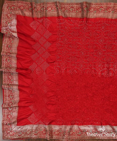 Red Handloom Pure Georgette Banarasi Bandhani Dupatta With Border