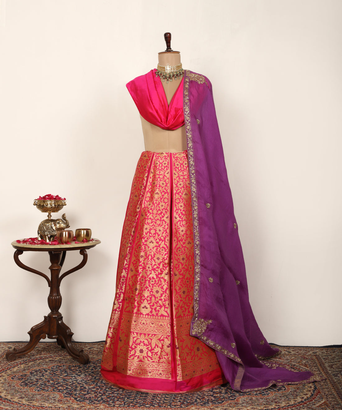 Hot Pink Handloom Pure Katan Silk Banarasi Lehenga With Meenakari