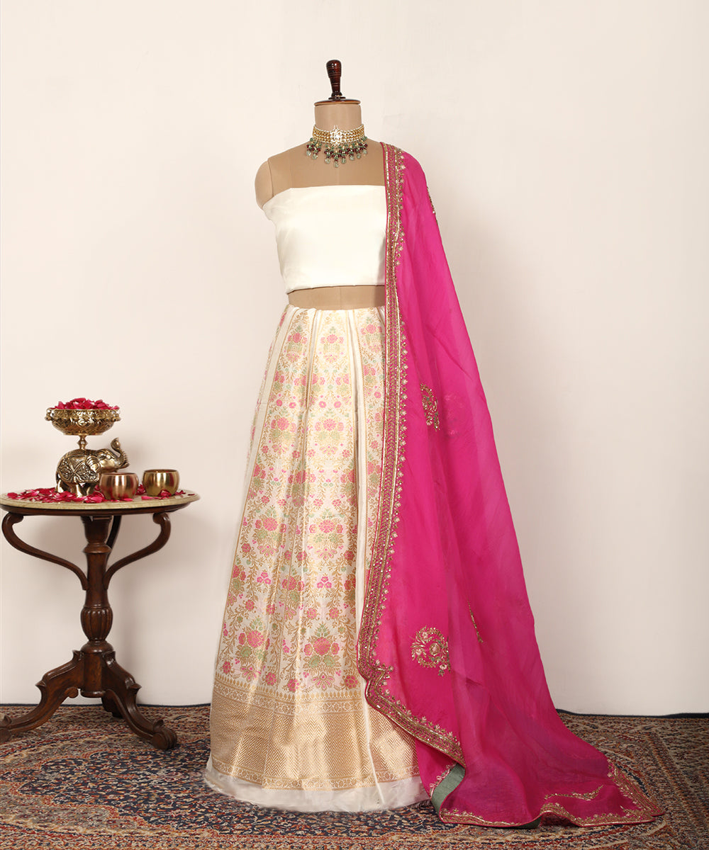 White Handloom Pure Katan Silk Banarasi Lehenga With Meenakari