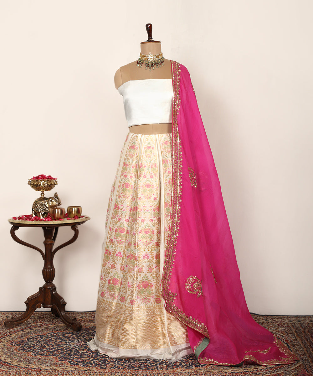 White Handloom Pure Katan Silk Banarasi Lehenga With Meenakari