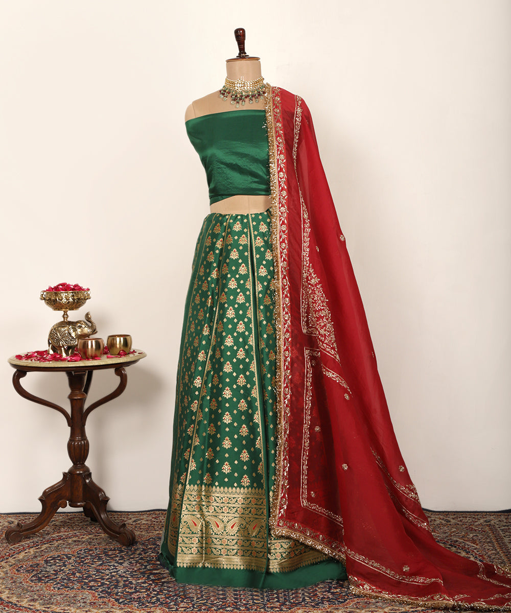 Handloom Green Meenakari Booti Lehenga with Plain Blouse
