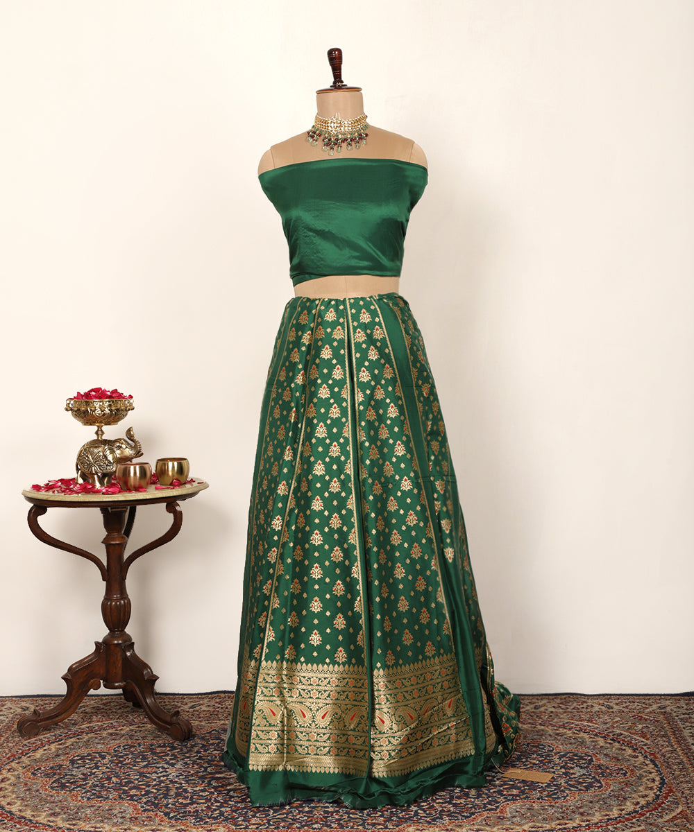 Handloom Green Meenakari Booti Lehenga with Plain Blouse