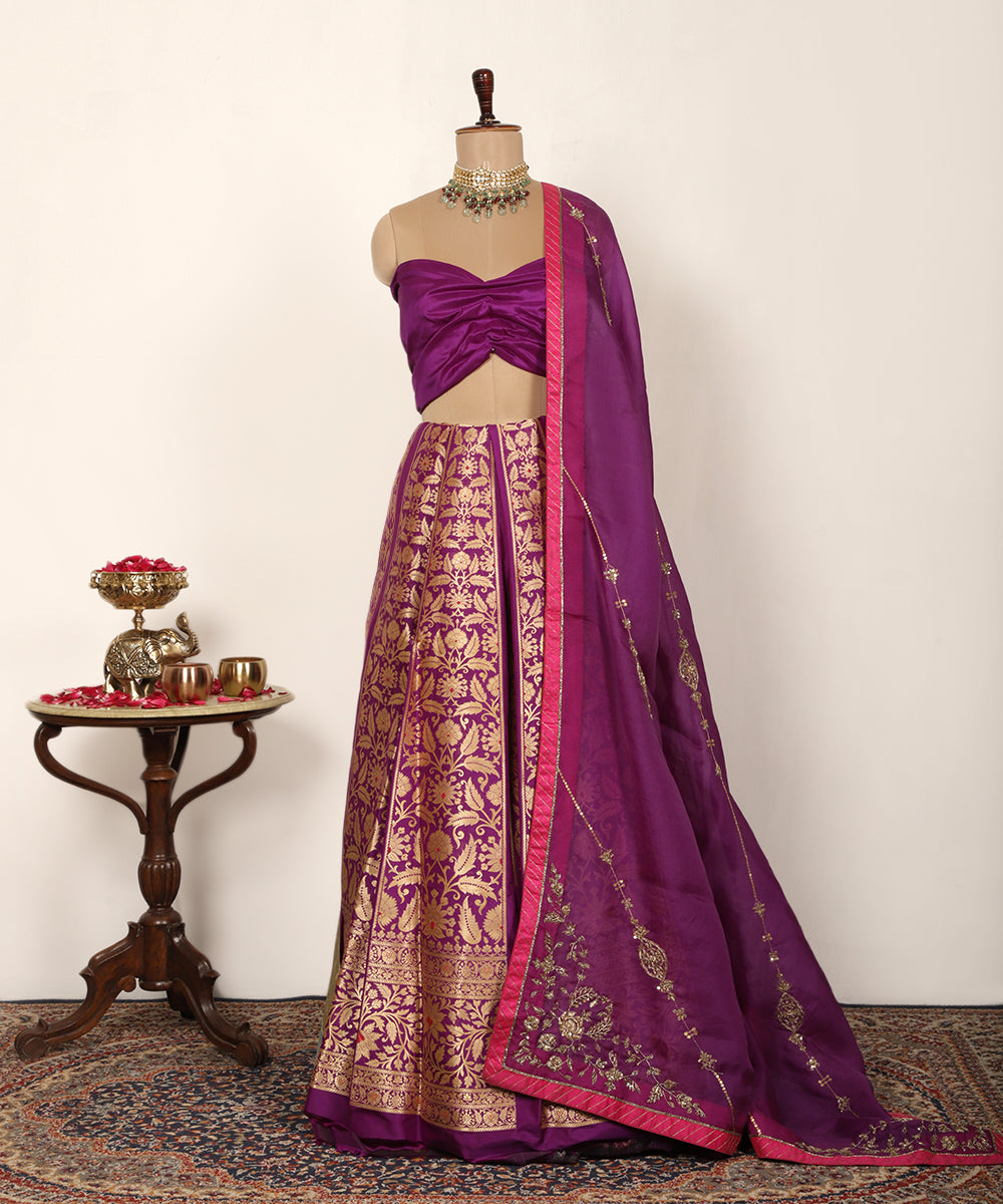 Handloom Purple Pure Katan Silk Brocade Banarasi Lehenga With Meenakari