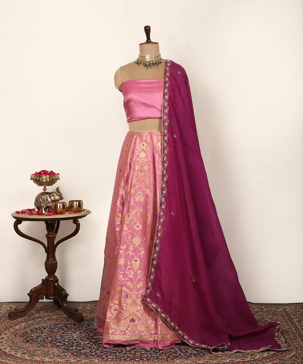 Handloom Light Pink Pure Katan Silk Banarasi Lehenga With Meenakari