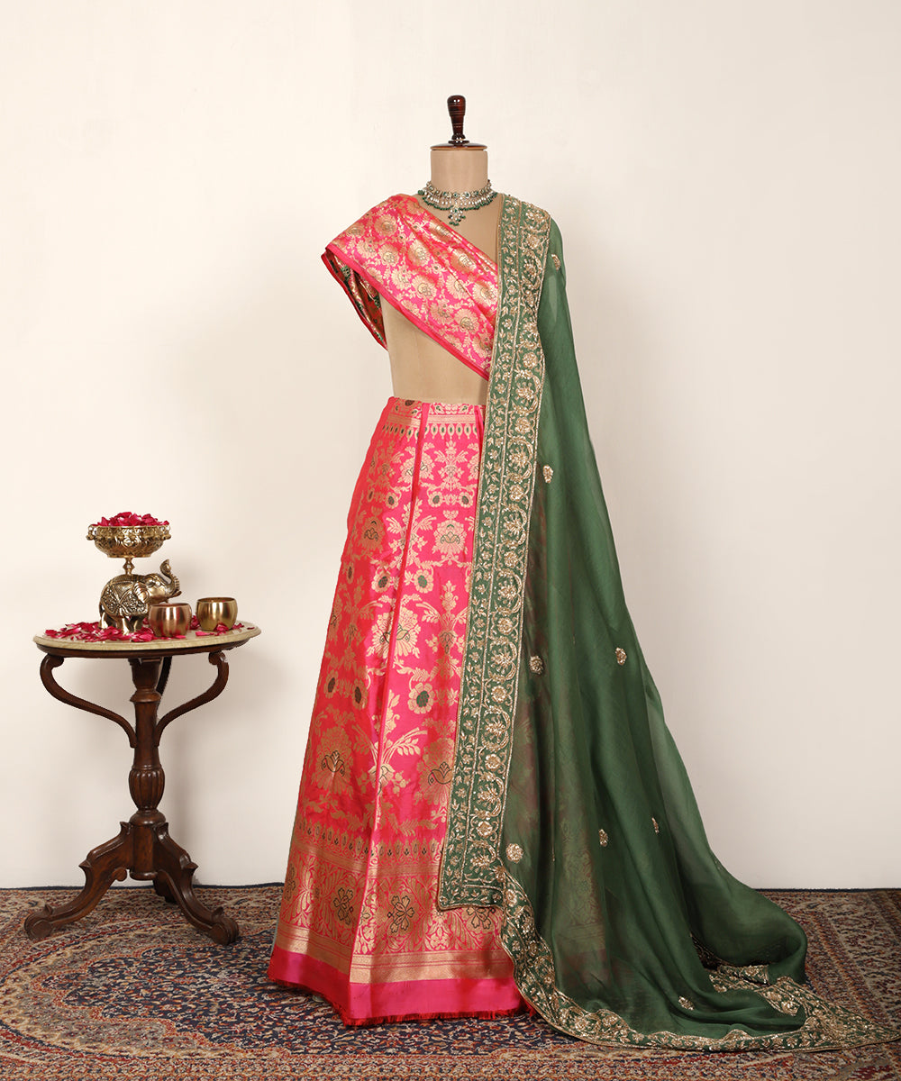 Hot Pink Handloom Pure Katan Silk Meenakari Banarasi Lehenga