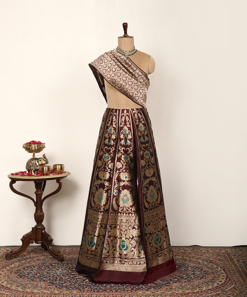 Dark Brown Handloom Pure Katan Silk Farah Banarasi Lehenga With Meena Work