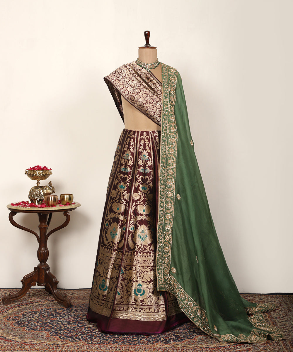 Dark Brown Handloom Pure Katan Silk Farah Banarasi Lehenga With Meena Work