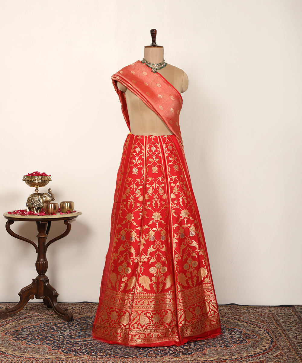 Red Handloom Pure Katan Silk Kadhwa Banarasi Lehenga With Meenakari