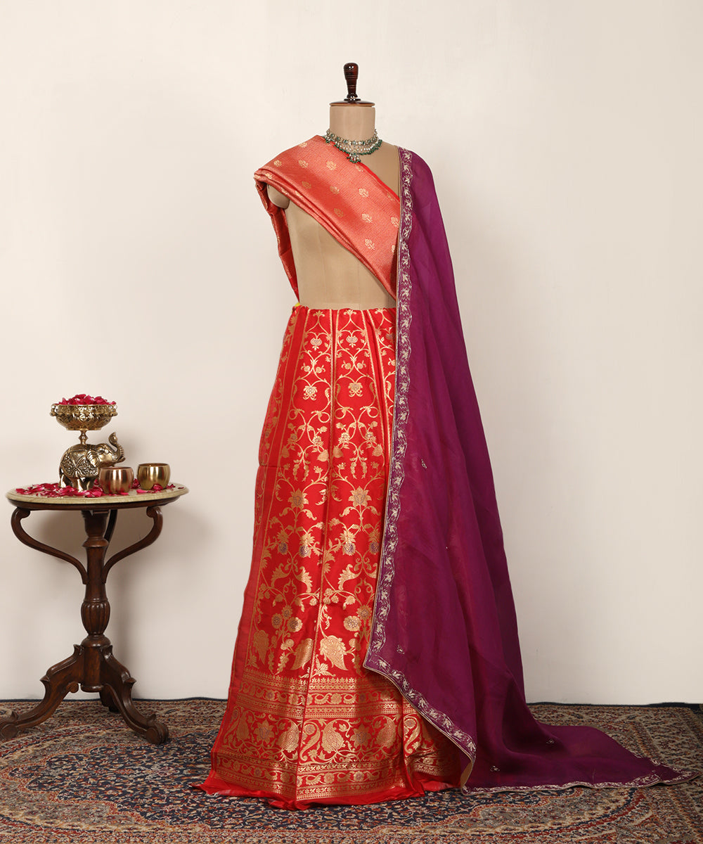 Red Handloom Pure Katan Silk Kadhwa Banarasi Lehenga With Meenakari