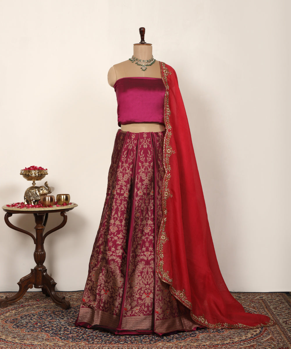 Purple Handloom Pure Katan Silk Banarasi Lehenga With Meenakari