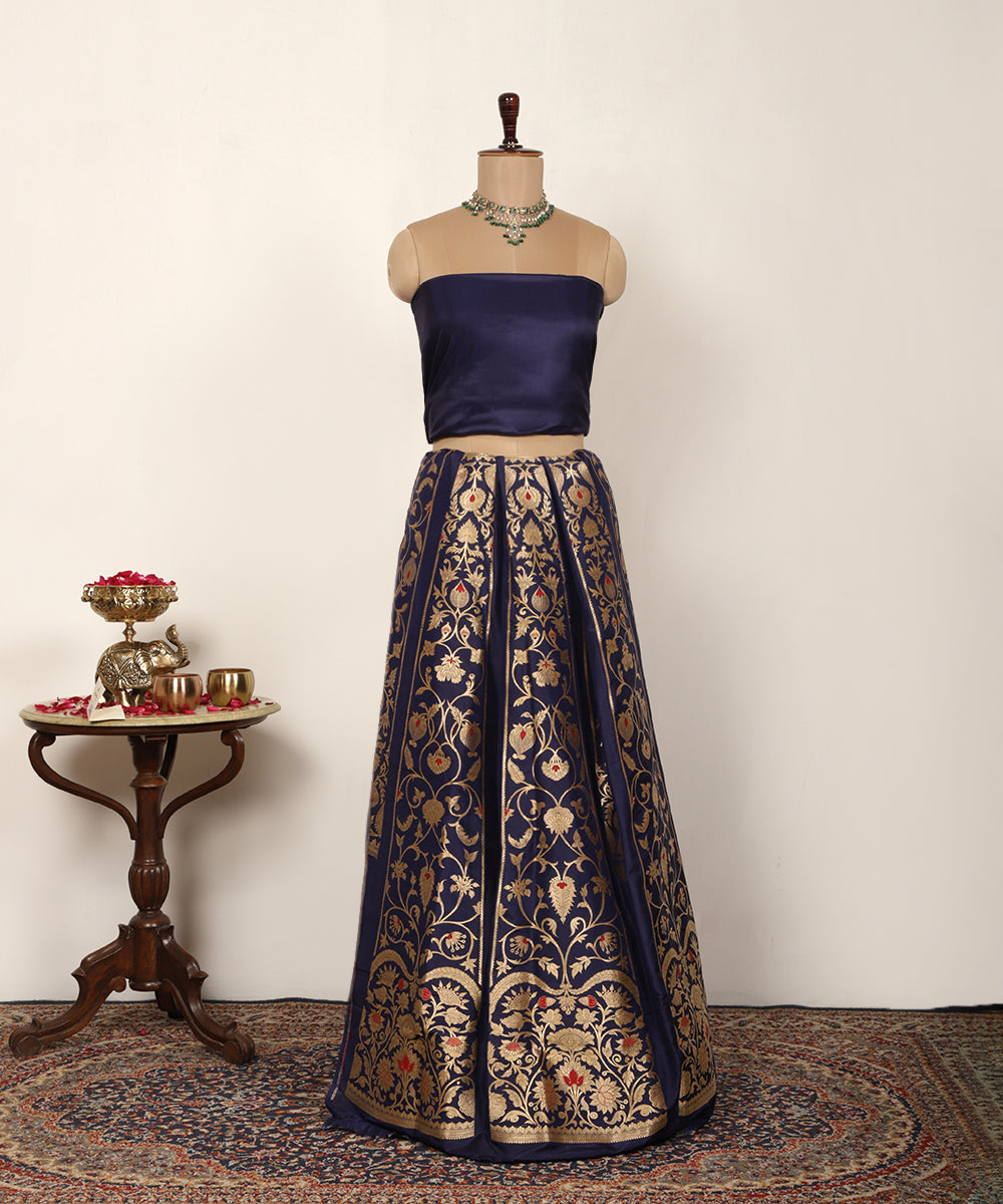 Navy Blue Handloom Pure Katan Silk Gul Banarasi Lehenga With Kadhwa Meenakari