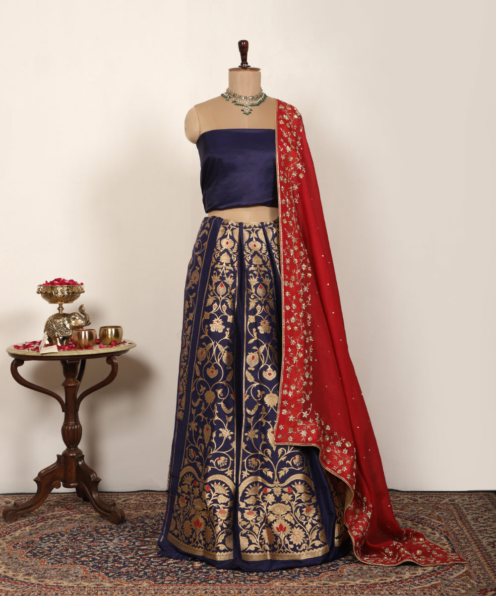 Navy Blue Handloom Pure Katan Silk Gul Banarasi Lehenga With Kadhwa Meenakari