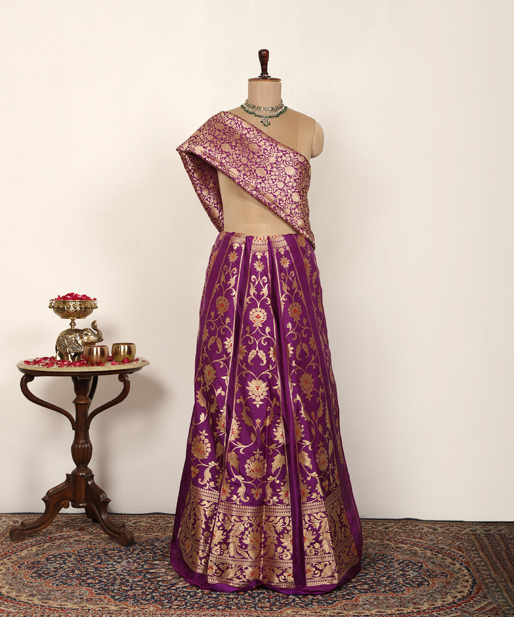 Purple Handloom Pure Katan Silk Banarasi Lehenga With Red Meenakari