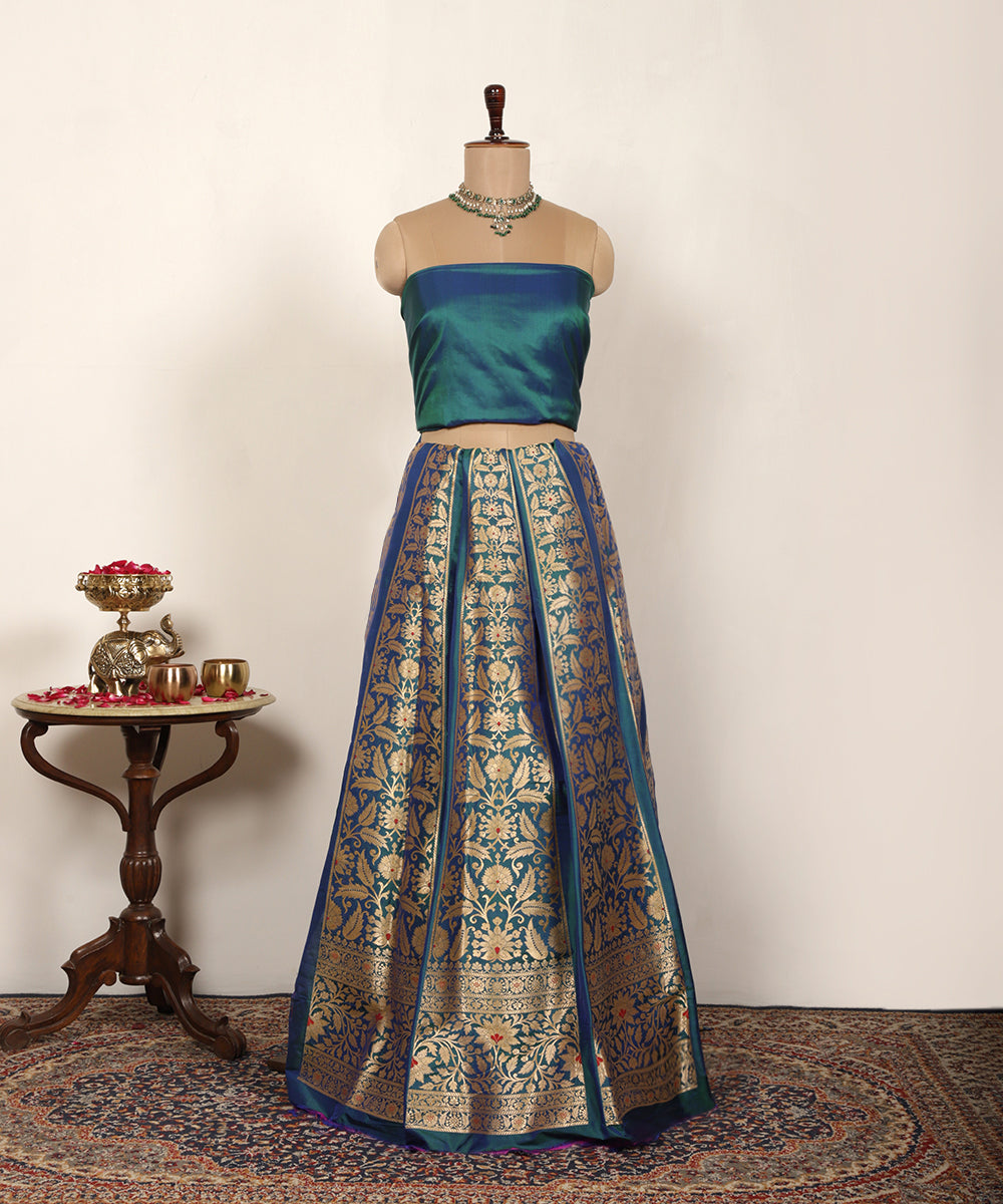 Peacock Blue Handloom Pure Katan Silk Banarasi Lehenga With Kadhwa Meenakari