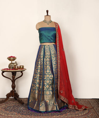 Peacock Blue Handloom Pure Katan Silk Banarasi Lehenga With Kadhwa Meenakari
