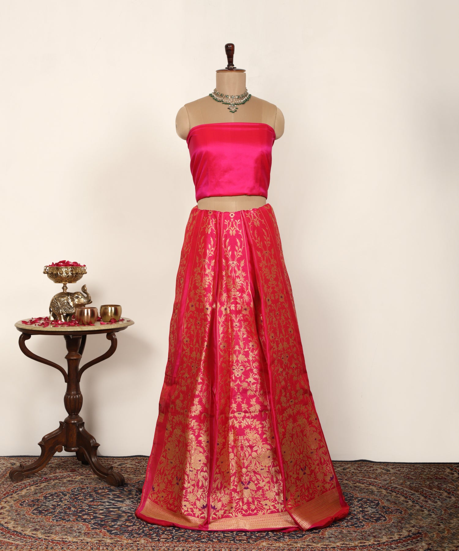Hot Pink Pure Katan Silk Kadhwa Banarasi Lehenga With Purple Meenakari