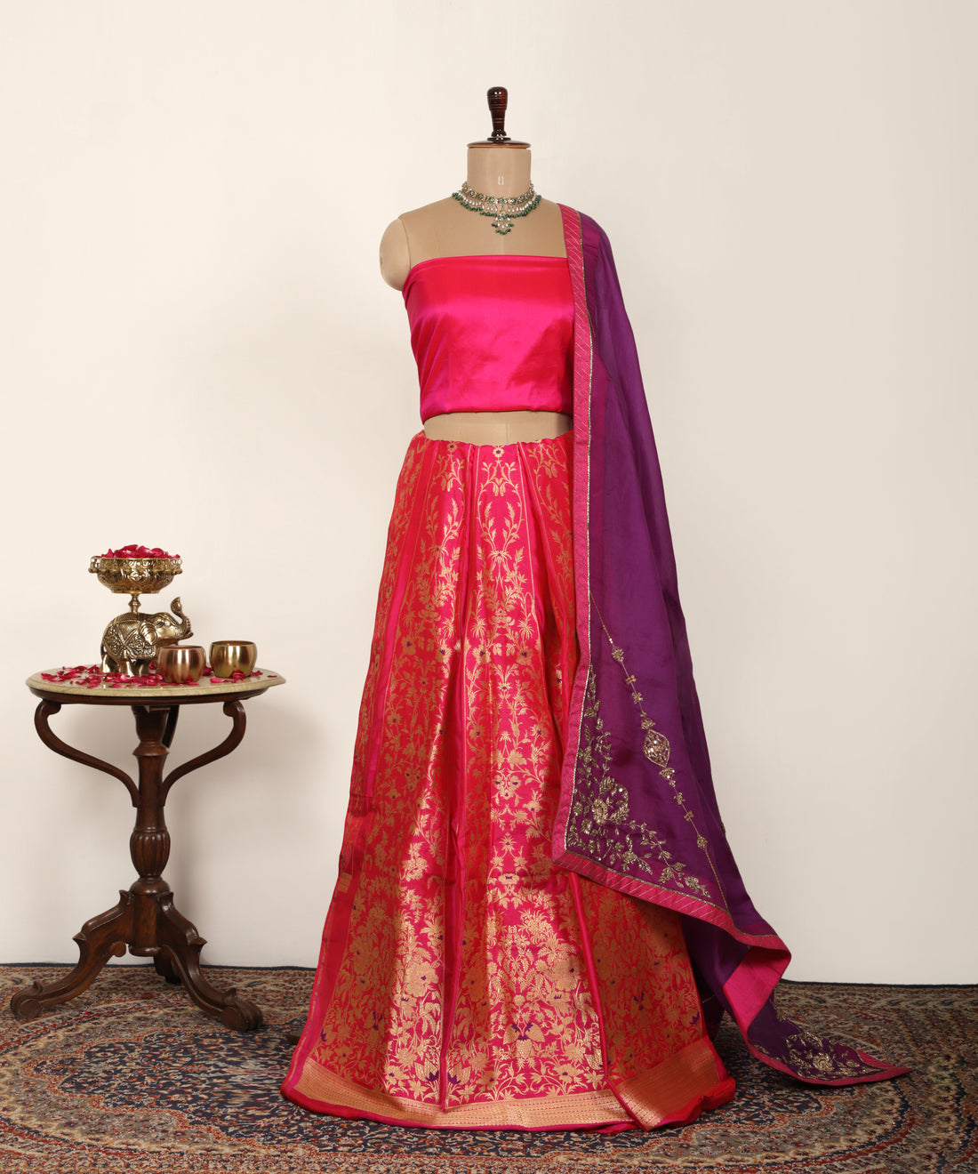 Hot Pink Pure Katan Silk Kadhwa Banarasi Lehenga With Purple Meenakari