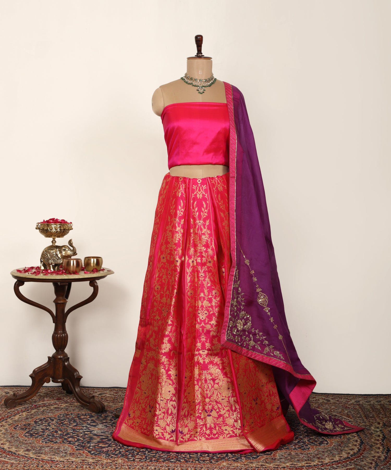 Hot Pink Pure Katan Silk Kadhwa Banarasi Lehenga With Purple Meenakari