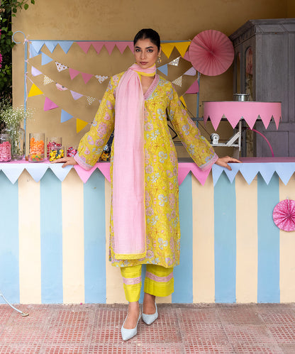 Cotton Candy Lime Green Chanderi Mulmul Kurta set of 3