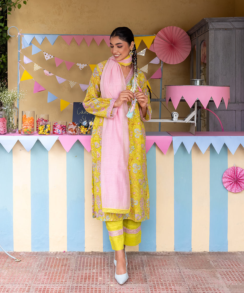 Cotton Candy Lime Green Chanderi Mulmul Kurta set of 3