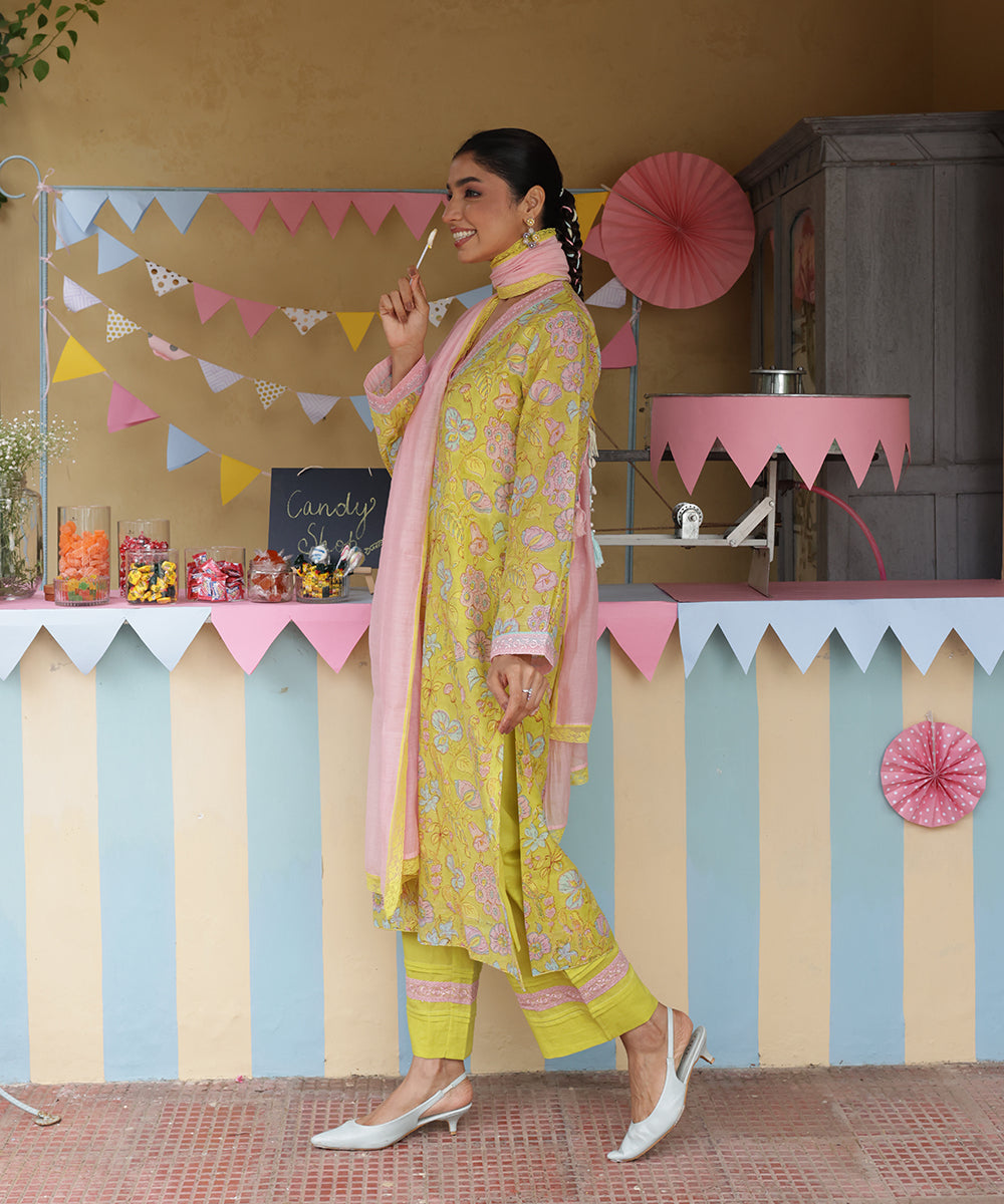 Cotton Candy Lime Green Chanderi Mulmul Kurta set of 3