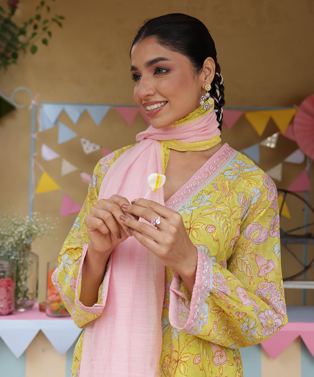 Cotton Candy Lime Green Chanderi Mulmul Kurta set of 3