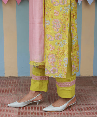 Cotton Candy Lime Green Chanderi Mulmul Kurta set of 3